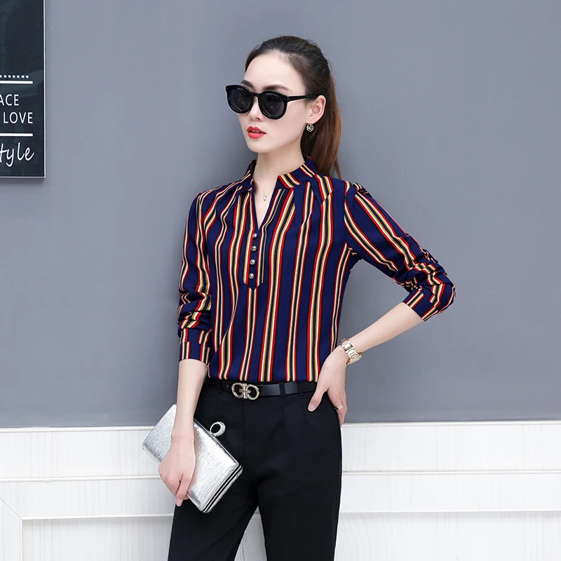 

Fashion Women's Spring Autumn Chiffon Shirts Elegant Casual Women's V-Neck Blouses Long Sleeve Shirts Women's Tops DF3409