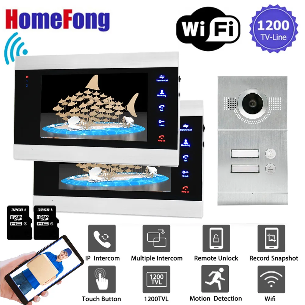 Видеодомофон Homefong 7 дюймов Wi Fi домофон для квартиры дверной звонок с 2 кнопками IP