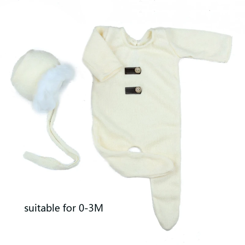 

2 Pcs/Set Newborn Photography Props Suit Knitted Cotton Jumpsuit Hat Infant Photo Shooting Clothes Outfits