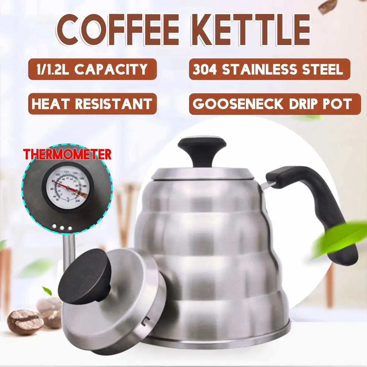 

1.2L/1L Handheld Stainless Steel Long Narrow Spout Coffee Pots Gooseneck Kettle Lid for Barista Cappuccino Espresso Making
