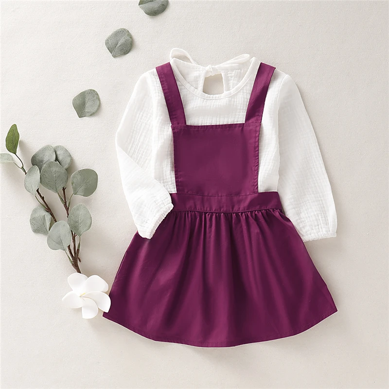 2 Piece Set Toddler Kids Baby Girls Clothes Long Sleeve White T-shirt+Purple Overall Skirt Fashion Casual Outfit Autumn | Детская одежда