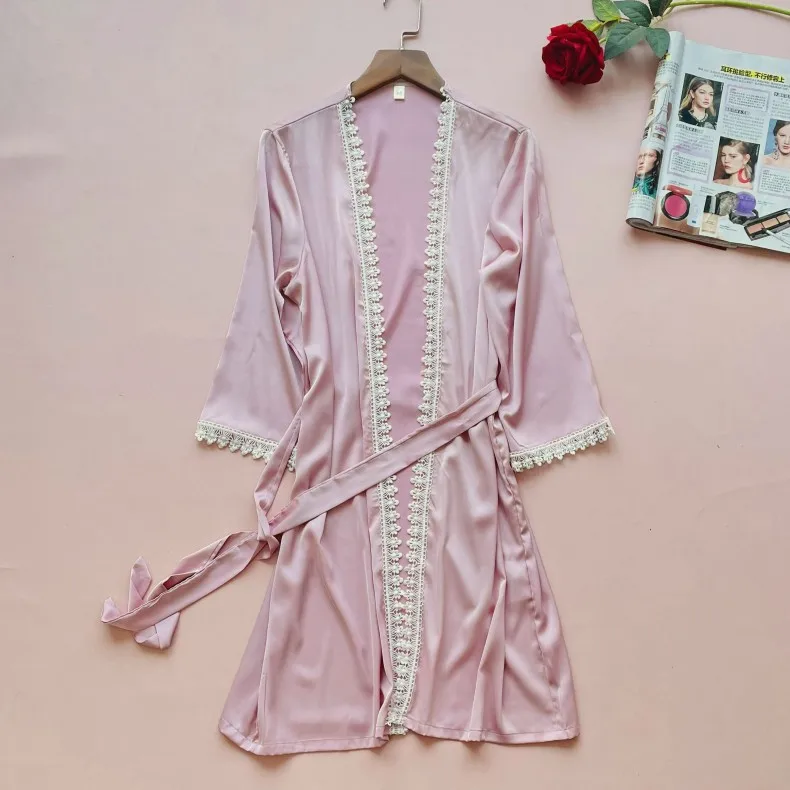 

Summer White Robe Sexy Lace Trim Kimono Gown Women Satin Sleepwear New Femme Bathrobe Gown Casual Nightwear Home Dressing Gown