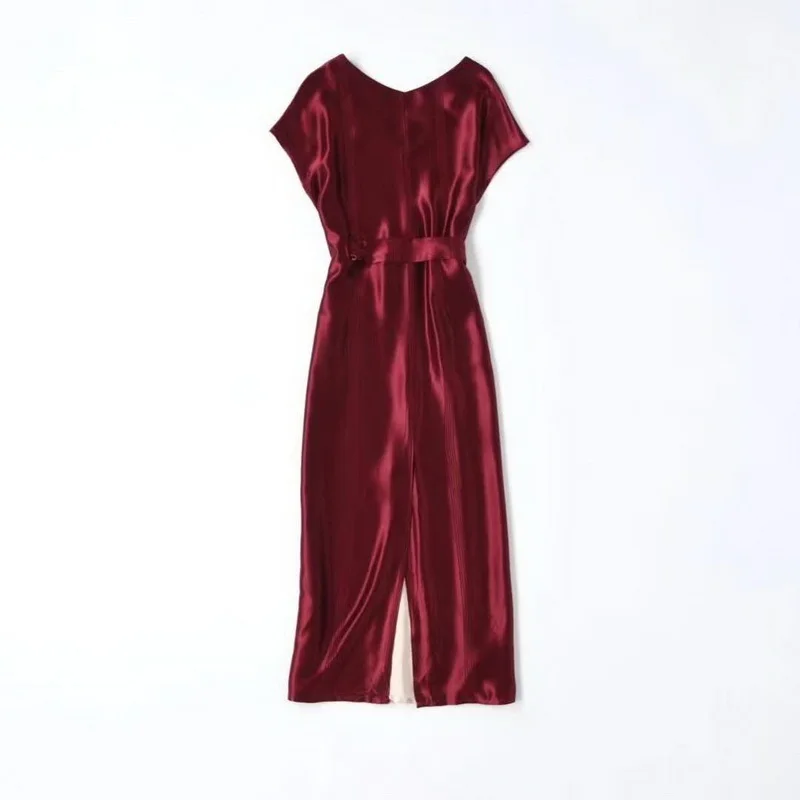 

Summer Hot 2021 Sale Dress Clothing Women V-Neck Color Block Patchwork Short Sleeve Mid-Calf Length Casual Loose Dress Belt