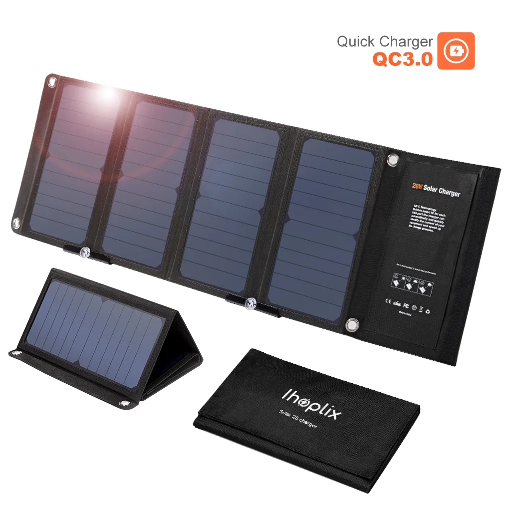 IHOPLIX 28W Foldable Portable Solar Charger with QC 3.0 Quick Charging 3 USB Port for Cell Phone iPhone iPad Samsung Tablet | Электроника