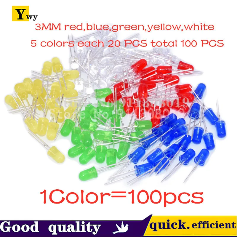 

5Colors*20PCS=100PCS 3mm LED diode Light Assorted Kit White Yellow Red Green Blue each 20pcs Component package