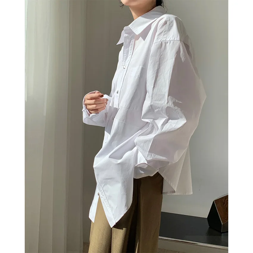 

TVVOVVIN Oversize Women Spring New Simple Lapel Long Sleeve White Shirt Casual Loose Split All-match Blouse Female 73S4