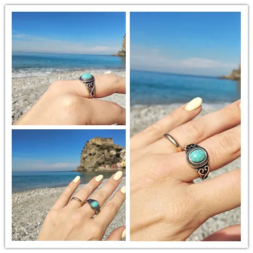 Женское Винтажное кольцо с натуральным камнем синее бирюзовое опалом свадебные