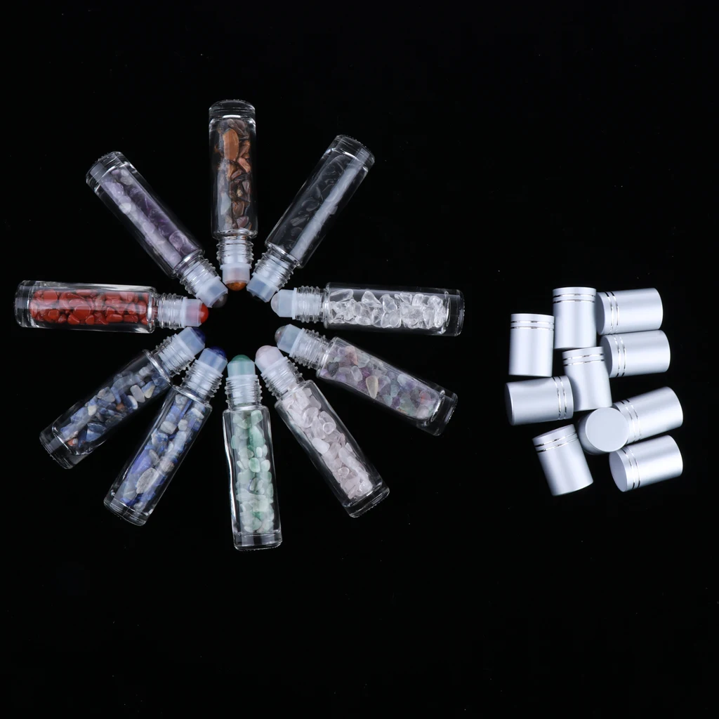 

10 Pcs Gemstone Roller Balls Bottles for Essential Oils w/Gemstone Chips