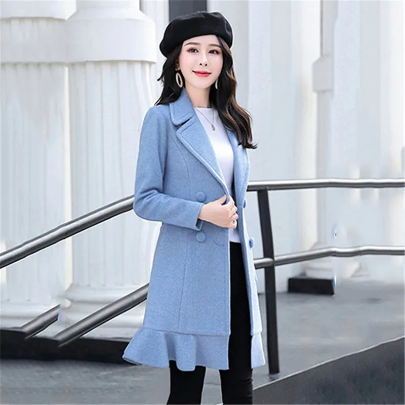 Шерстяное пальто для женщин 2019 осенне-зимнее новое однотонное розовое синее