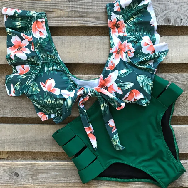 

2021 Print Swimwear Women High Waist Bikini Ruffle Swimsuit Push Up Bikinis Set Bathing Suit Beach wear Summer Biquini Female