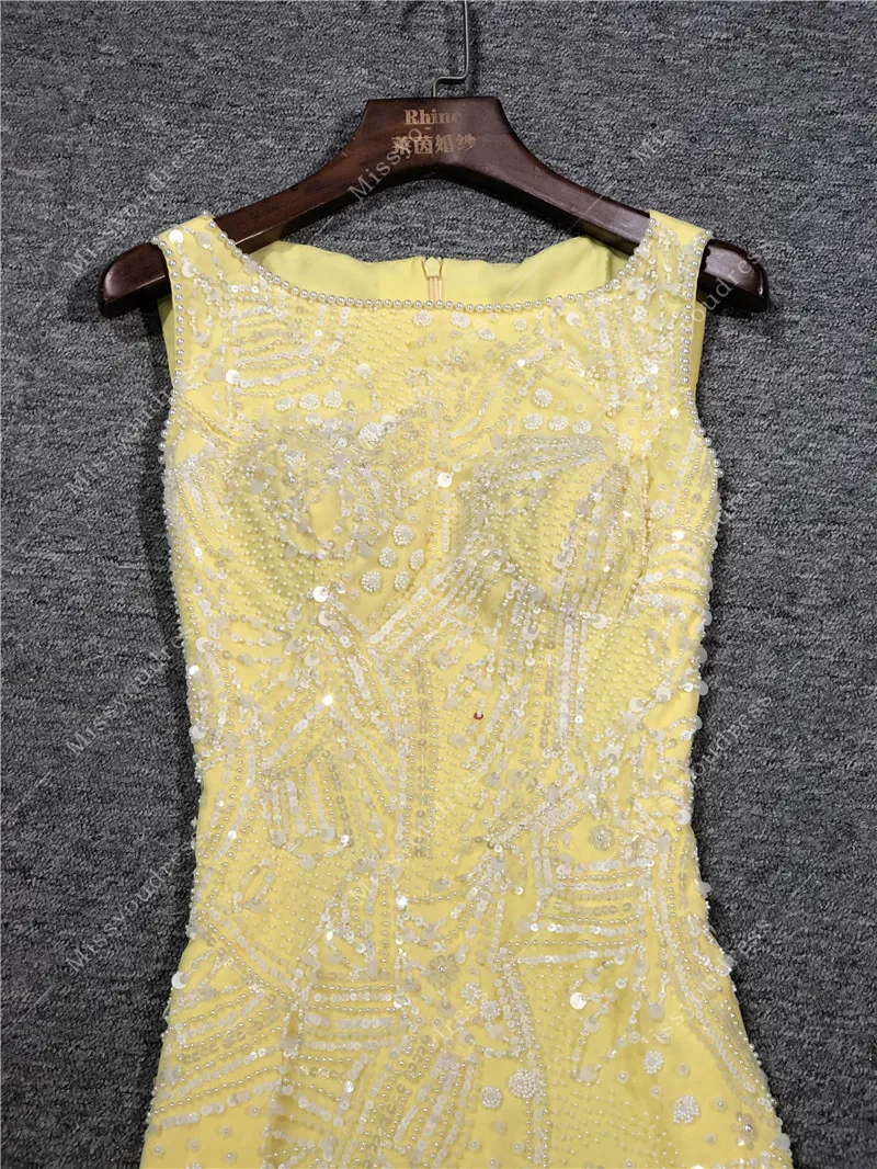 Yellow Color Heavy Beads Real Photos A-line Floor Length Party Prom Dancing Women Evening Dresses Gown