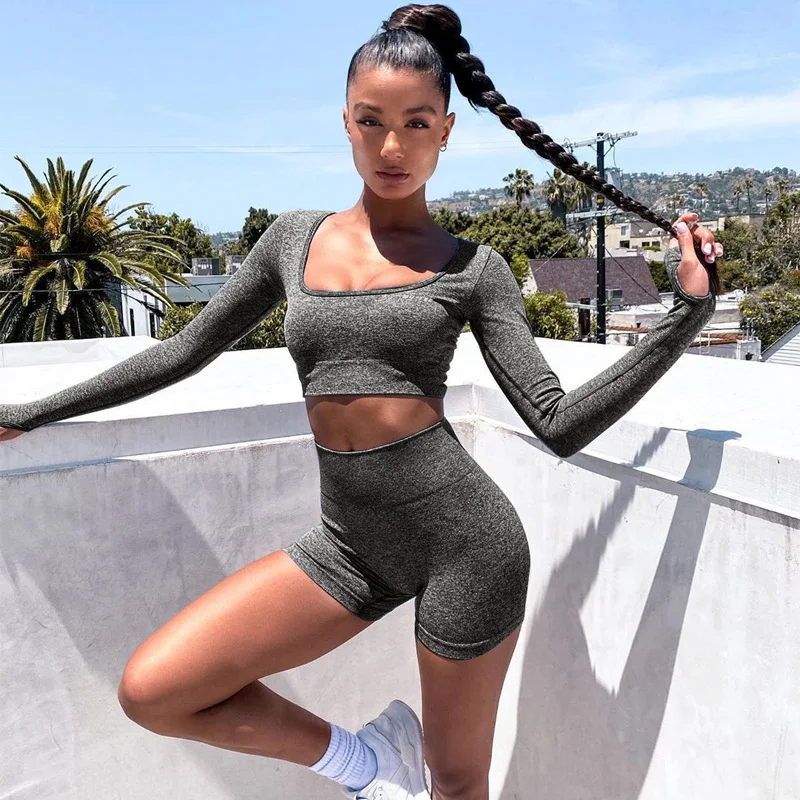 Seamless Women's Suit Gym Long Sleeve Fitness T-Shirt Tight Shorts 2 PCS Sets Women Sexy Solid Yoga Tracksuit Casual Sportswear