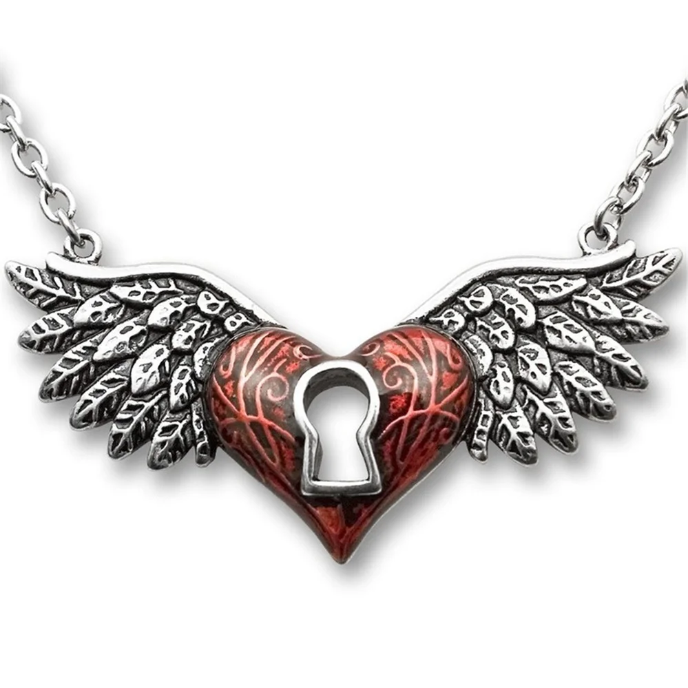 

Fashion Trend Gothic Wing Pendant Red Heart Keychain Necklace Men and Women Holiday Gift Jewelry Wholesale