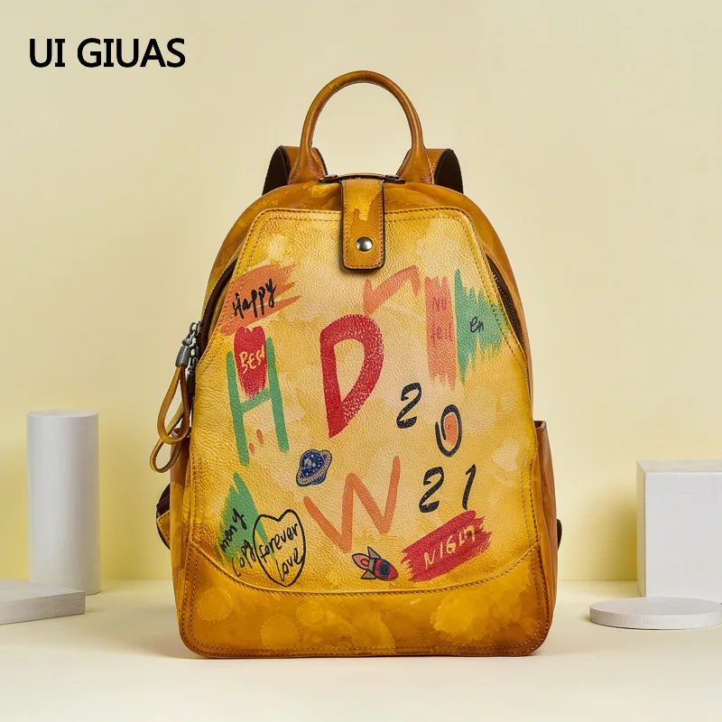 

Free Shipping Fashion Graffiti Girl Backpack School Bag Women Multifunctional Backpack High Quality Genuine Cowhide Leather