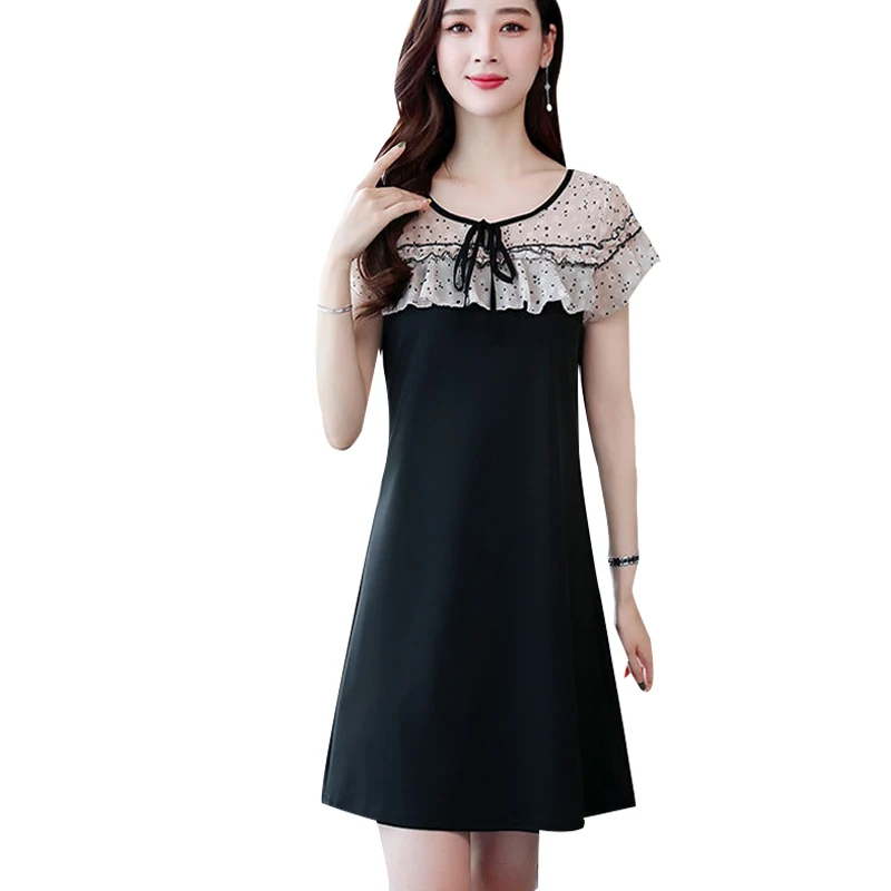 

Women's Spring Summer Style Chiffon Dress Women's Short Sleeve Lace Up O-neck Patchwork Ruffles Elegant Dress SS1866
