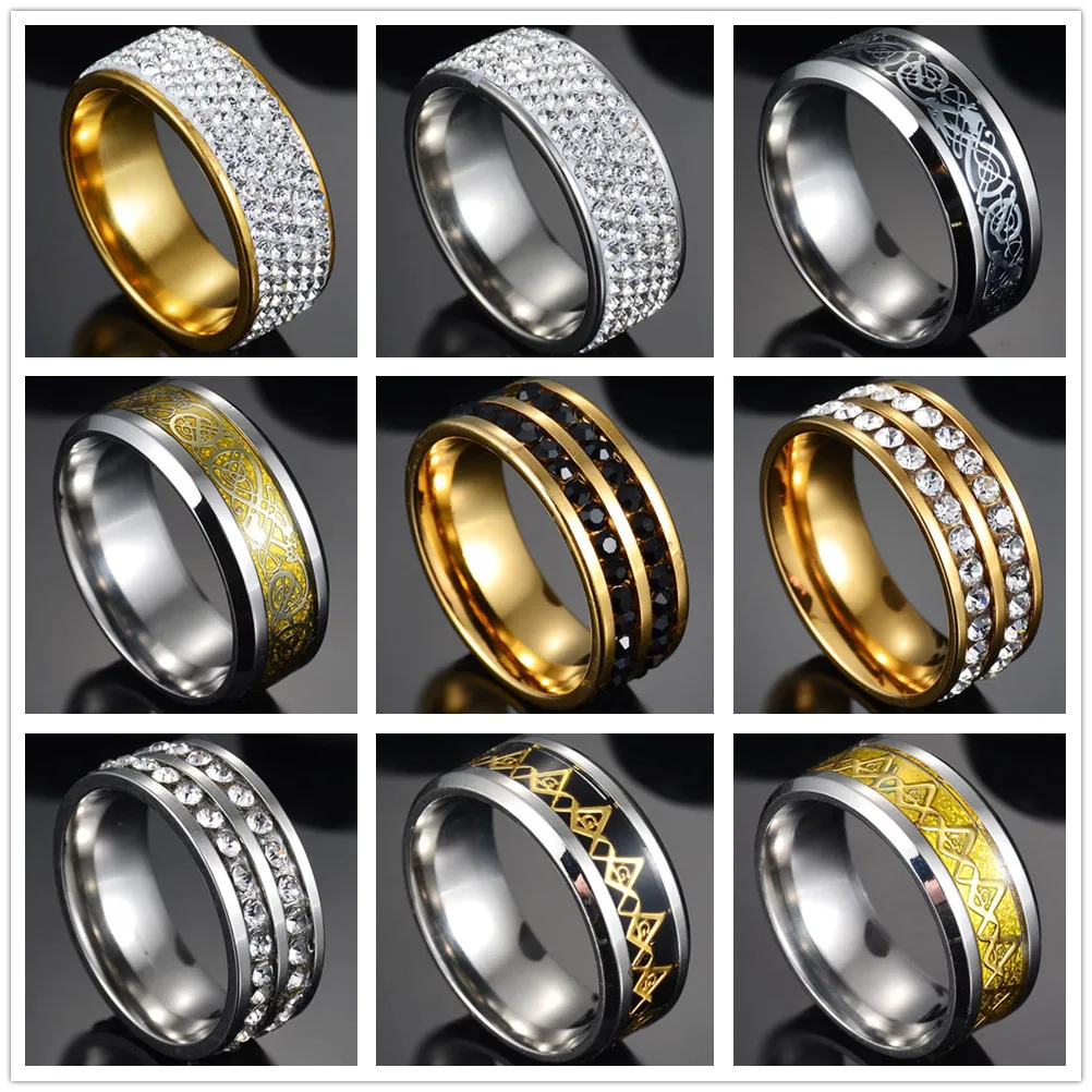 

5 Row Crystal Classic 316L Stainless Steel Rings For Men Hiphop Punk Gold Scrub Engagement Wedding Ring Women Jewelry