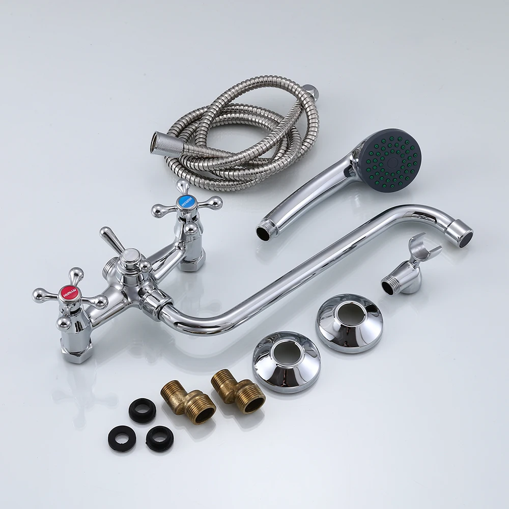 mynah chromed wall mounted long spout double handle bathtub shower faucet set bathroom water tap silver shower hand shower free global shipping