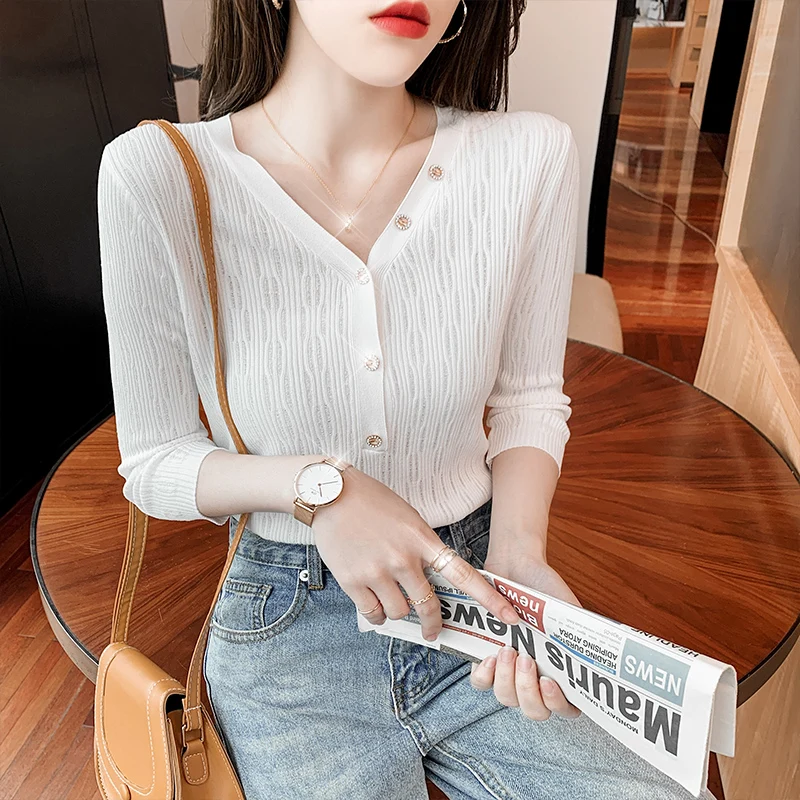 

Вязаный свитер из вискозы, Новинка лета 2021, облегающая футболка с V-образным вырезом и коротким рукавом, короткий топ, Женский однотонный пул...