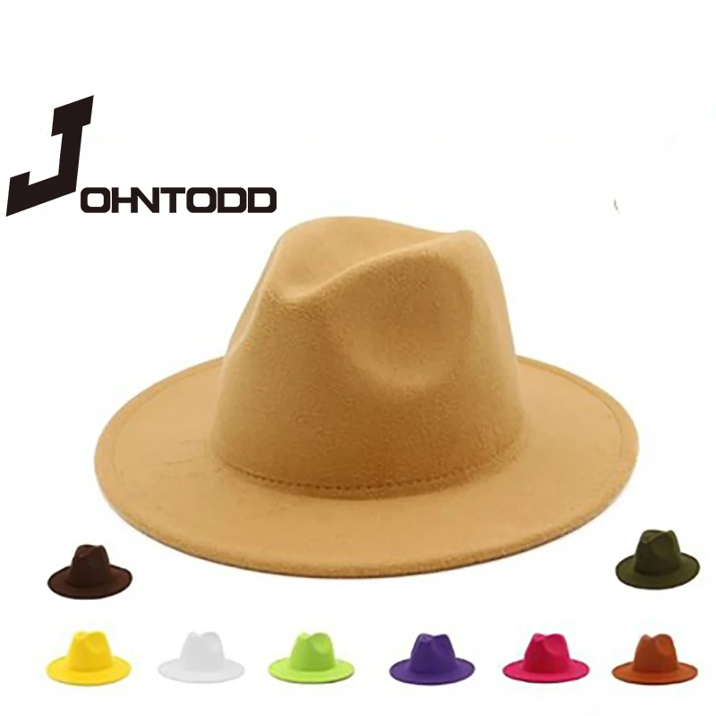 

2020 New Autumn Winter Womens Felt Hat Fedoras Big Brim Hats for Women British Style Vintage Church Hats Lady Flat Brim Fedoras