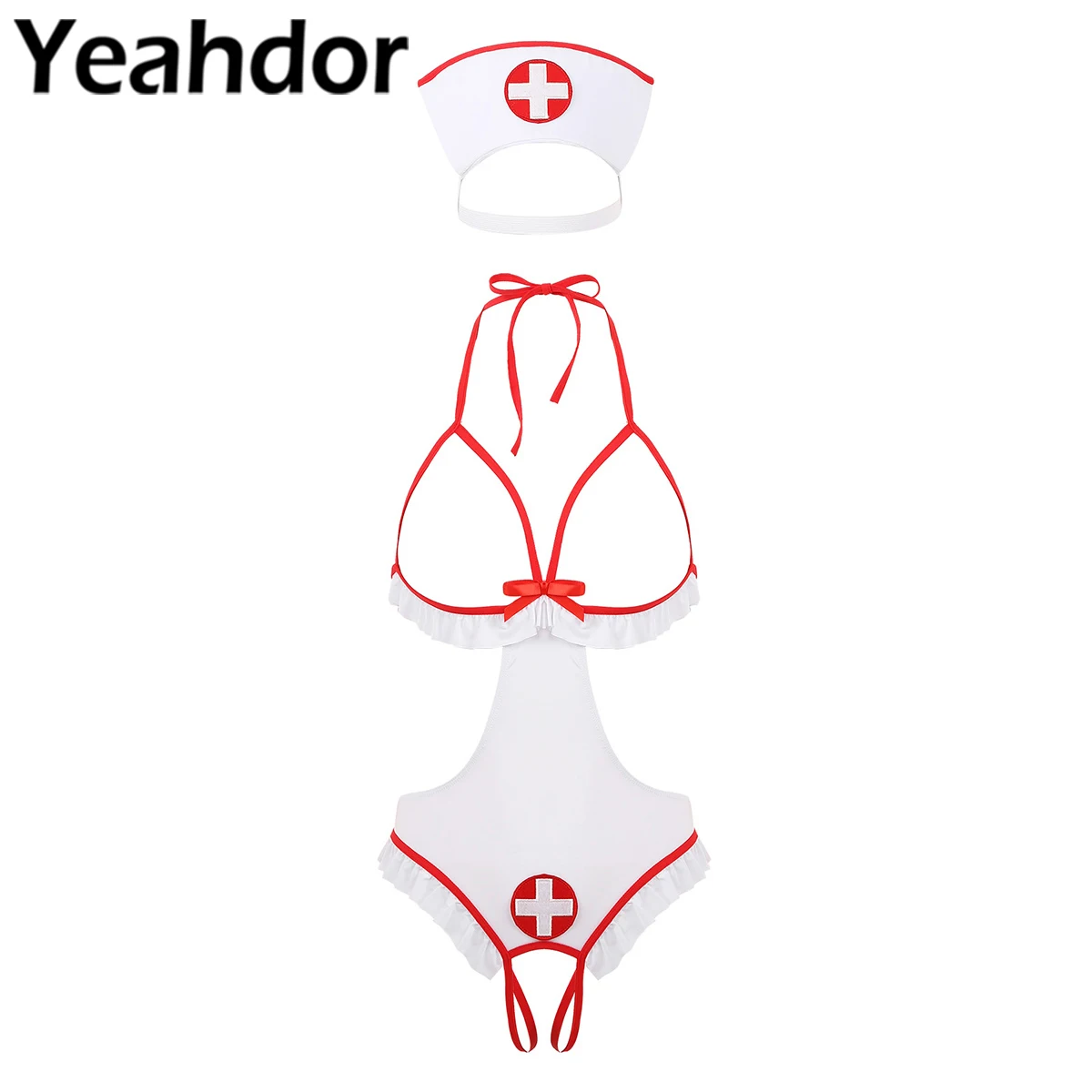 

Womens Nurse Cosplay Lingerie Set Roleplay Costume Outfit Halter Neck Open Cups Crotchless Tie-on Leotard Bodysuit with Headband