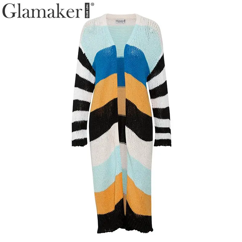 Glamaker вязаный Цветной полосатый длинный кардиган, женская модная уличная одежда, осенняя верхняя одежда, свитер, Женский Повседневный Кардиган-пальто - Цвет: Белый