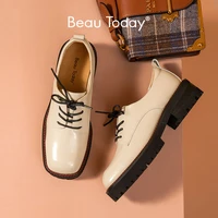 beautoday casual derby shoes women genuine cow leather solid square toe cross tied spring autumn ladies dress shoes 27719