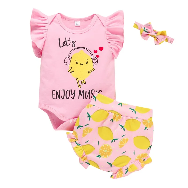 

Baby Girls Jumpsuit Set Summer Letter Print Ruffled Sleeve Romper and Casual Lemon Print Shorts Headband