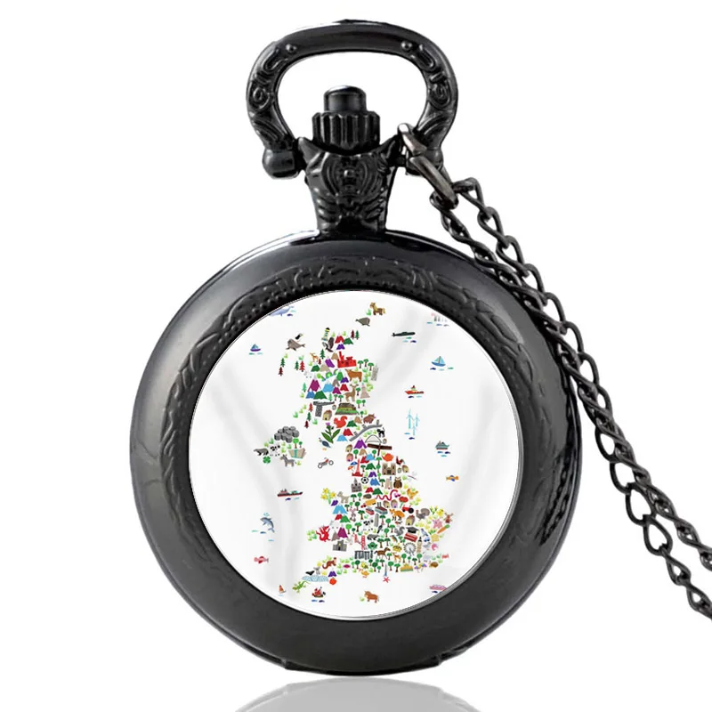 

United Kingdom Map Vintage Quartz Pocket Watch Men Women Glass Dome Classic Pendant Necklace Hours Clock Gifts