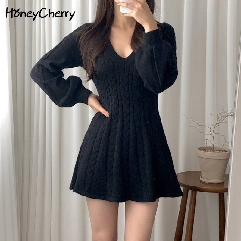

Honeycherry Womens Dress Autumn and Winter New Style Lantern Long-sleeved Waist V-neck Knitted Sweater Short Dress
