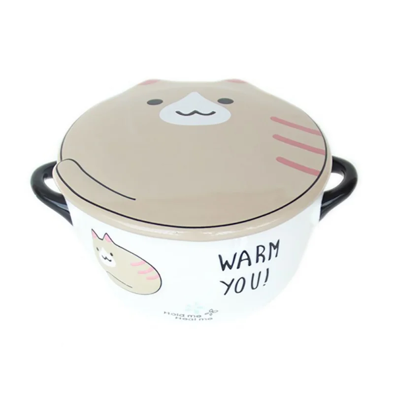 Ceramics Kawaii Cartoon Portable Containers Pattern Lunch Box With Cover Round Anti-slip Instant Noodles Bowl | Дом и сад