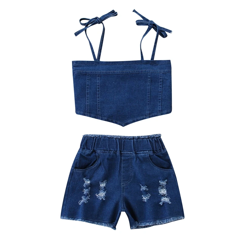 

Toddler Girls 2Pcs Denim Outfits Sleeveless Tie Strap Tops + Ripped Short Pants Set Summer Clothes