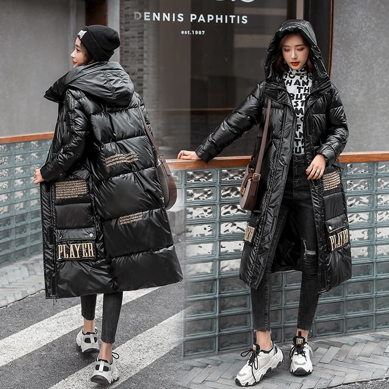 

X-long Printing Parkas Female Winter Hooded Plus Size Thick Women's Jackets 2020 Cotton Padded Shiny Casual Woman Coat Outwear