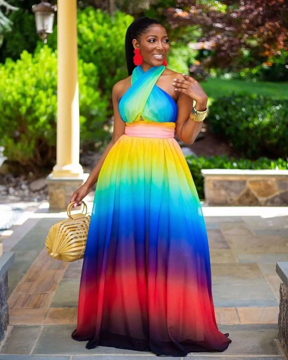 

Rainbow Color O-neck Sleeveless Summer Beach Maxi Dress Long Dress Vestidos