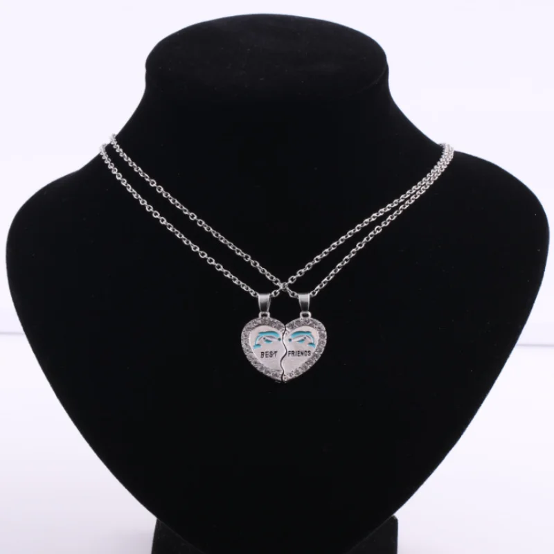 

Heart Shape Dolphin Rhinestone Pendant Necklace Jewelry Two Parts Silver Chains Necklaces Gifts for Men Women Couple Friends