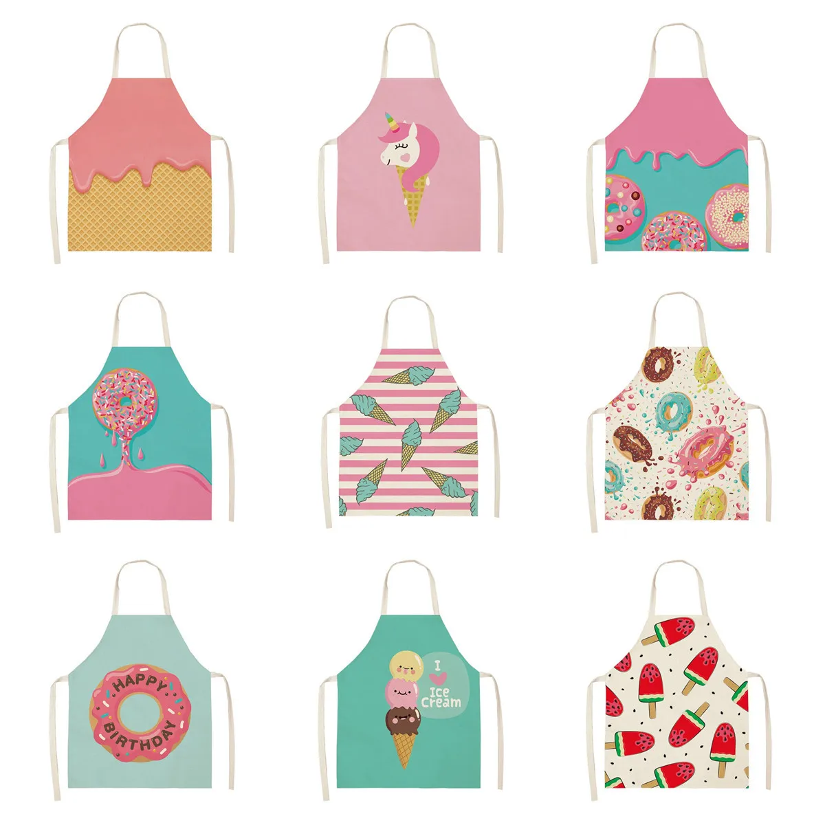 

Ice Cream Series Sleeveless Kitchen Cotton Linen Fashion Apron Cooking Baking Barbecue Cafe Accessories Apron For Woman Men Kid
