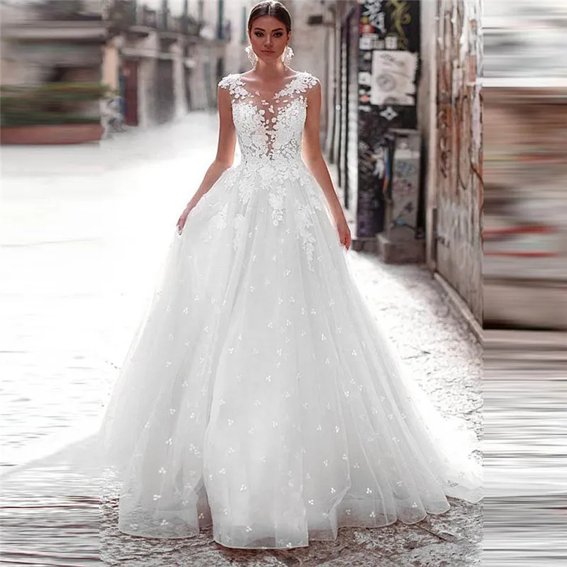 

Кружевное свадебное платье-трапеция, с глубоким круглым вырезом и короткими рукавами, длинное платье невесты по индивидуальному заказу, 2020