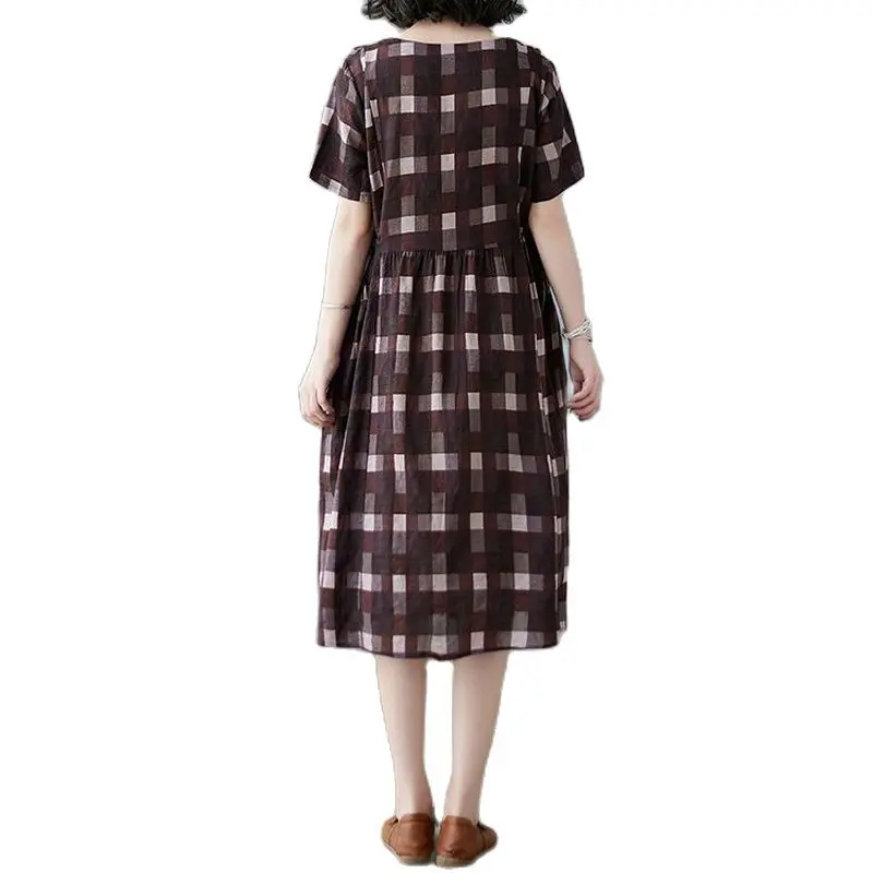 

2021 New Cotton Linen Women Dress Fashion Summer Vintage Print Plaid Dress Casual Draw String Short Sleeve O-Neck Loose Dresses