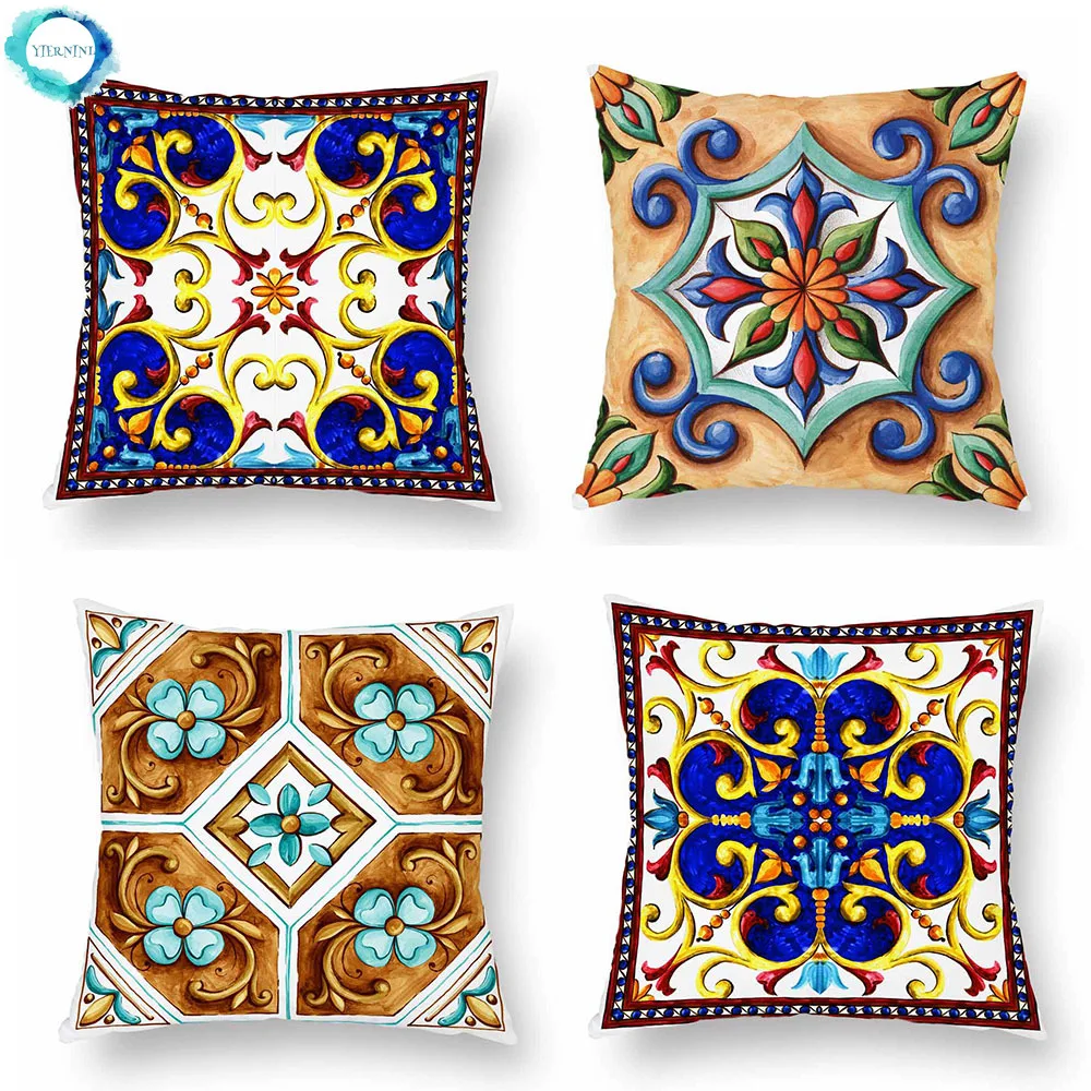 

Moroccan Flowers Decorative Polyester Cushion Cover Watercolor Painting Geometric Sofa Throw Pillow Cover 45X45cm