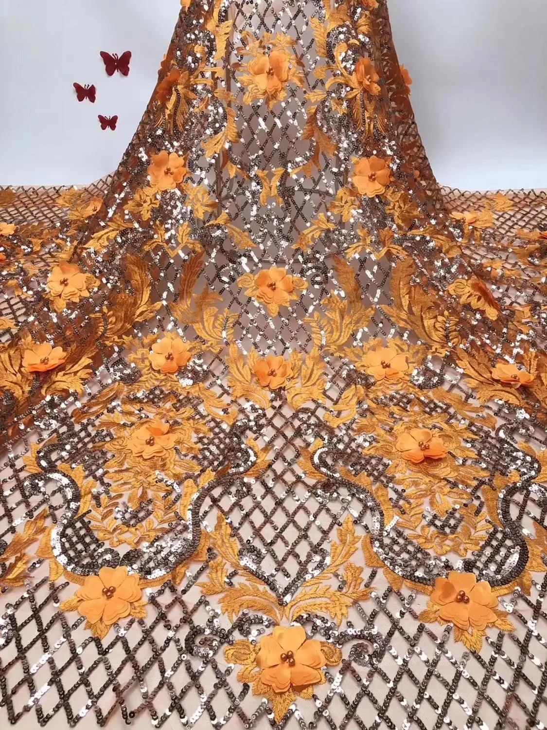 Beautiful Gold Wedding Lace Fabric 3D Flowers French African Fabrics For Dresses Beads Tulle Nigerian CRF29981 | Дом и сад