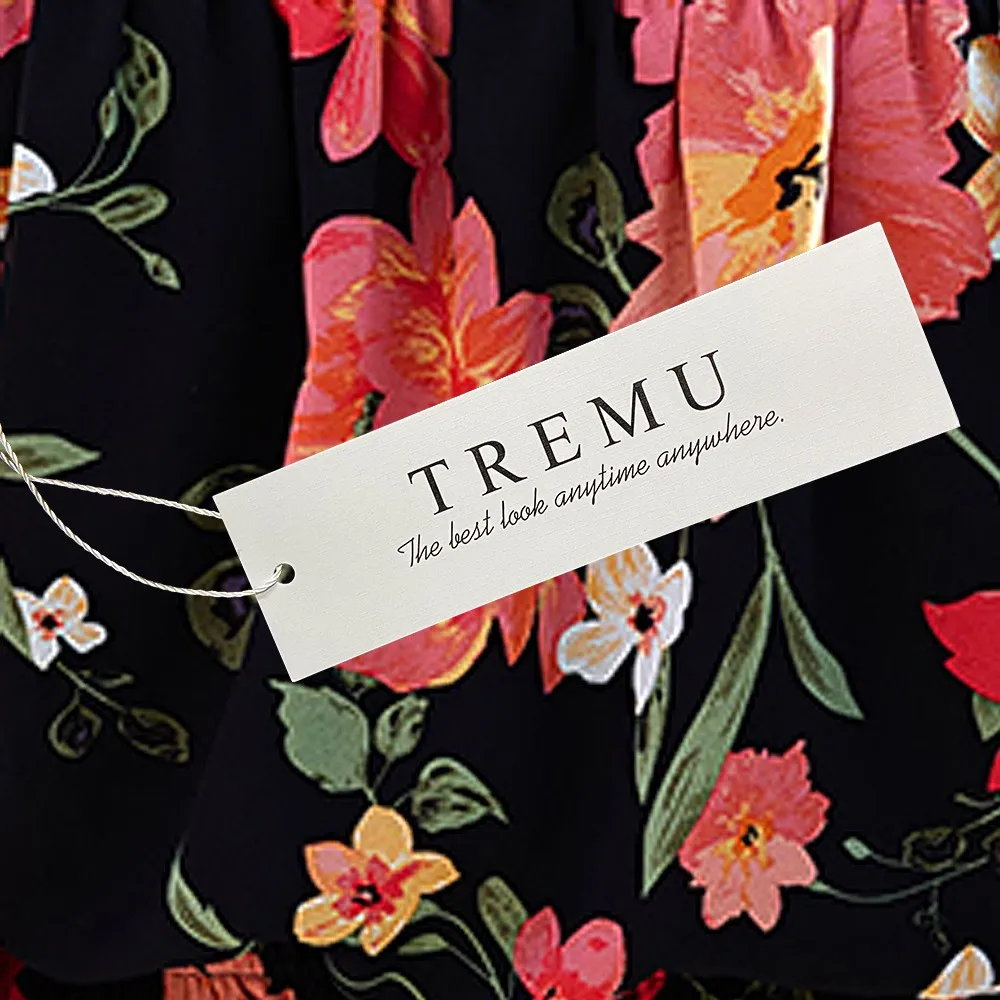 

TREMU Black Slash Neck Crop Top Woman 2021 Summer Flare Sleeve Floral Print Casual Vocation Tops Woman Clothes
