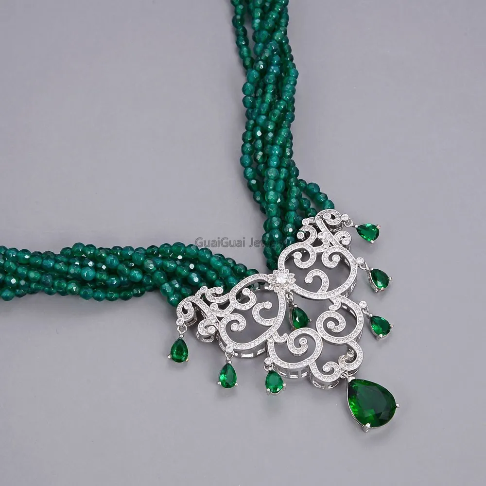 

GuaiGuai Jewelry 20'' 7 Strands Green Agate Necklace Green Flower CZ Pendant
