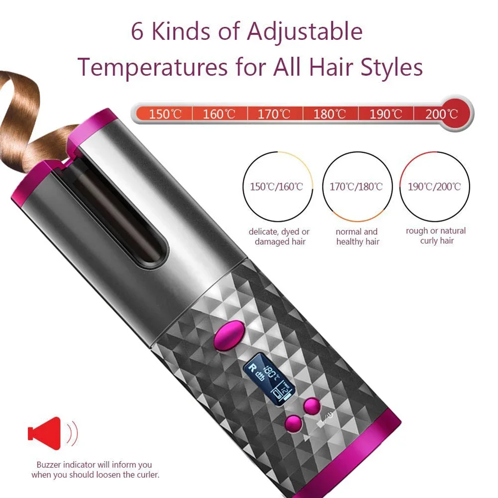 

Wireless Automatic Hair Curling Iron Multifunctional USB Rechargeable Hair Curler Portable LCD Display Ceramic Curly Hair Tool