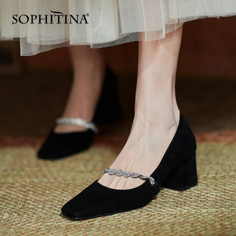 

SOPHITINA Women Pumps Casual Mary Janes Genuine Leather Female Shoes Square Toe Heels TPR Elegant Office Party Lady Shoes MO878