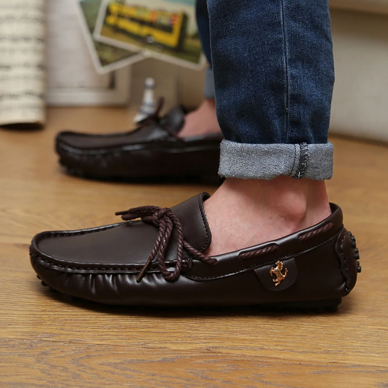 Мужские мокасины в горох черные повседневные кожаные лоферы слипоны на плоской