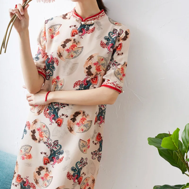 

Китайский стиль Улучшенный Чонсам с принтом сковорода Пряжка веер