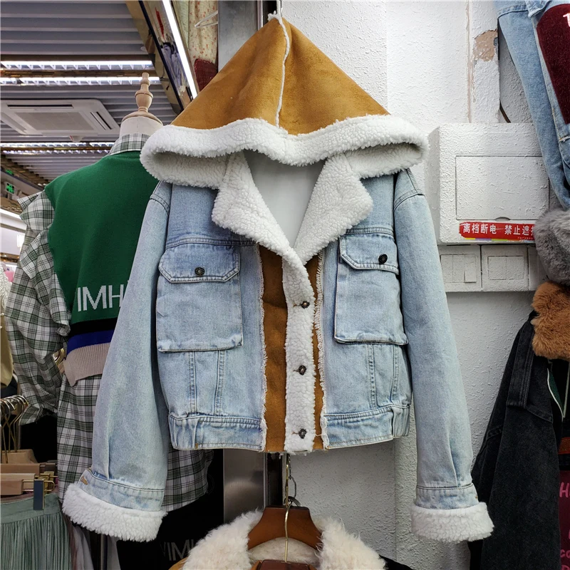 

Женская джинсовая куртка с капюшоном, голубая винтажная короткая джинсовая парка составного кроя с отложным воротником и длинным рукавом, ...