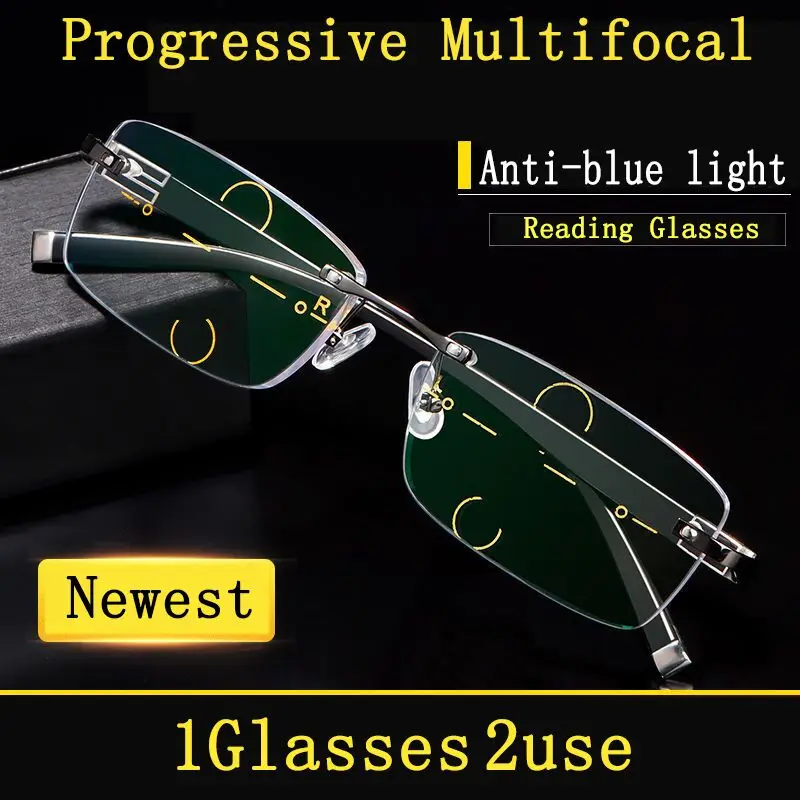 High-end Business Multi-Focal Progressive Reading Glasses Men Women Rimless Anti Blue Light Presbyopic Male Diopter Eyeglasses