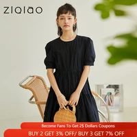 ziqiao casual dressoffice lady french black long dress female summer 2021 new high waist round neck a line women dress