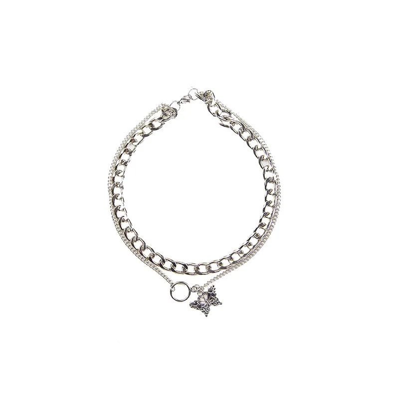 

VA-83 Butterfly circle thick chain necklace hip-hop personality clavicle chain simple Cuban chain double layered wear