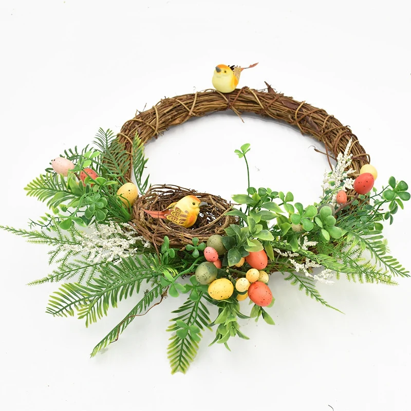 

17 Inch Easter Garland Eggs Rattan Wreath, Artificial Flower for Front Door Hanging "Hello" Easter Decoration